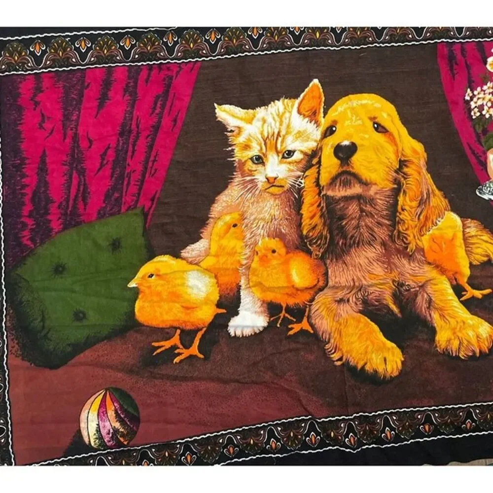 Vintage Tapestry Wall Hanging Cotton Cat Dog Chick Made In Turkey 52.5x34.5